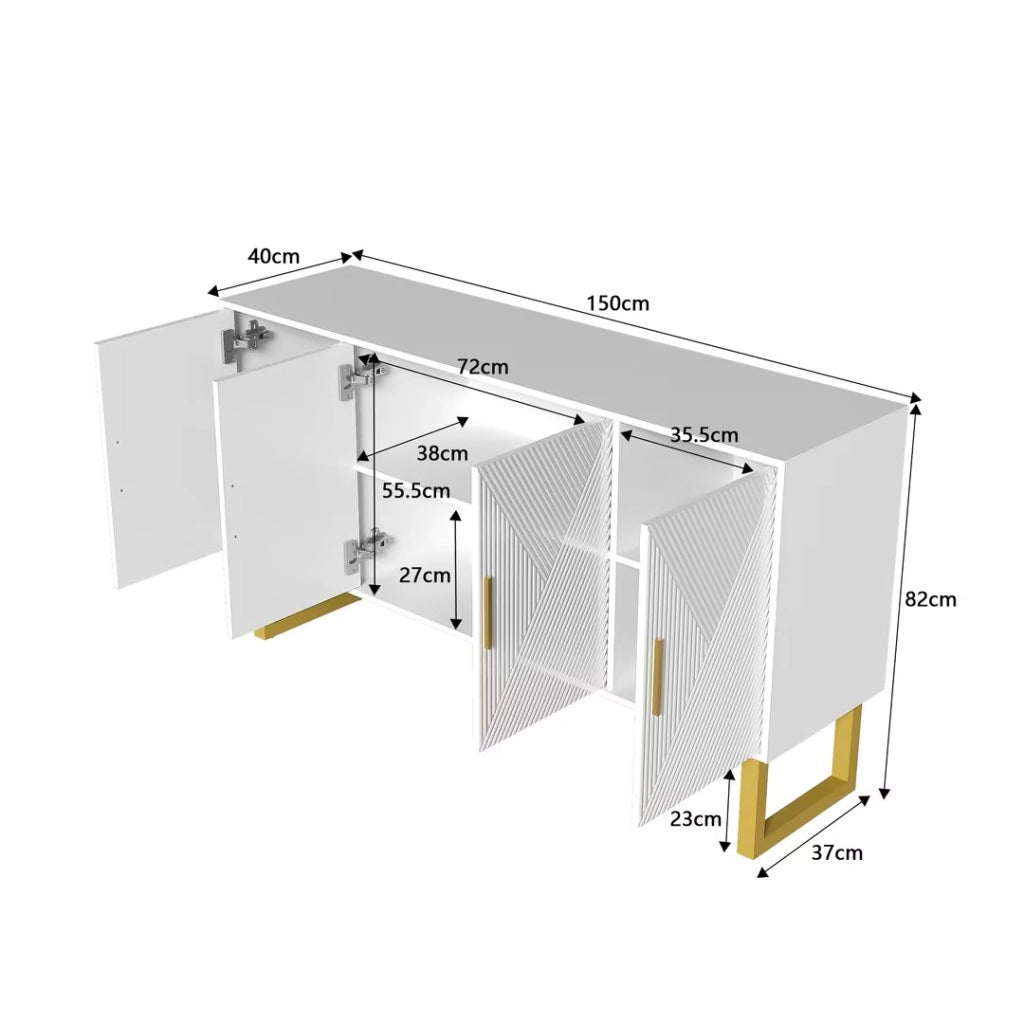 Credenza con 4 Ante e Ripiani Regolabili; Frontali Strutturati Lucidi; Stile Moderno; in MDF; Bianco; 150??40??82 cm