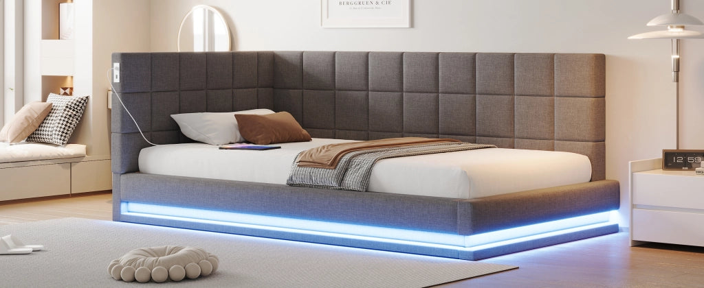 DESMIU Divano letto 90 × 200 cm 1 posto con LED, USB e rete, senza materasso, in lino, grigio