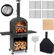 Forno per Pizza da Esterno con Ruote, Forno a Legna per Pizza con Copertura Protettiva, Pala per Pizza, Griglie e Termometro Integrato, per BBQ, Campeggio e Festa (Modello 1)