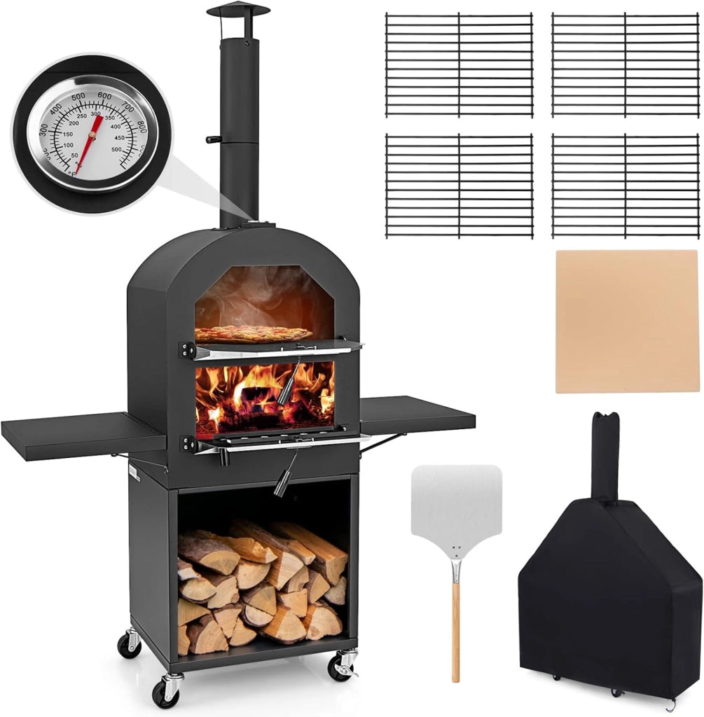 Forno per Pizza da Esterno con Ruote, Forno a Legna per Pizza con Copertura Protettiva, Pala per Pizza, Griglie e Termometro Integrato, per BBQ, Campeggio e Festa (Modello 1)