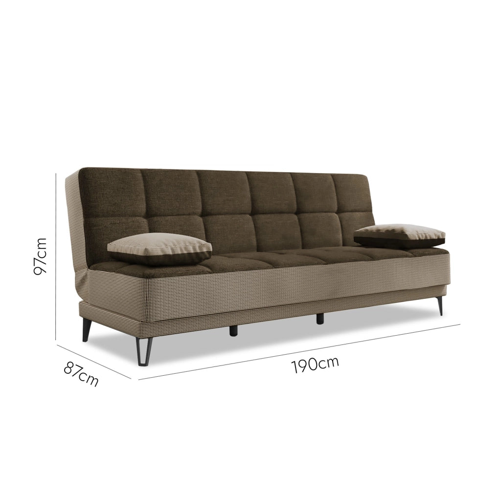 Divano letto Aborigeni, Divano letto a 3 posti con piedini in metallo nero , SofÒ  da soggiorno in tessuto imbottito con apertura click-clack, 190x87h97 cm, Grigio E Marrone