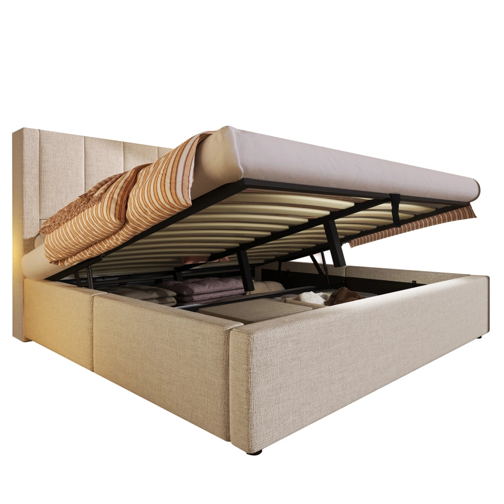 Letto imbottito di dimensioni 180x200 cm con sistema di carico idraulico e lenzuola beige