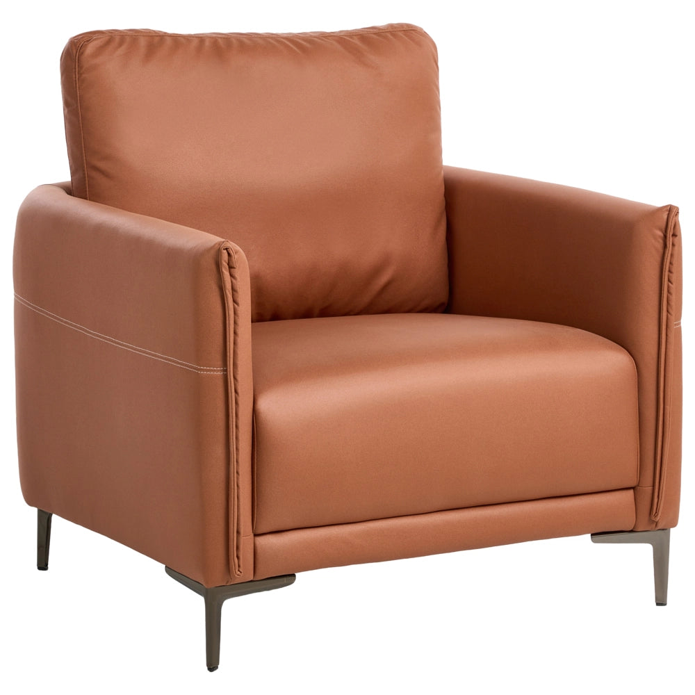 Poltrona in tessuto marrone dorato, imbottita, stile moderno, con gambe in metallo, minimalista