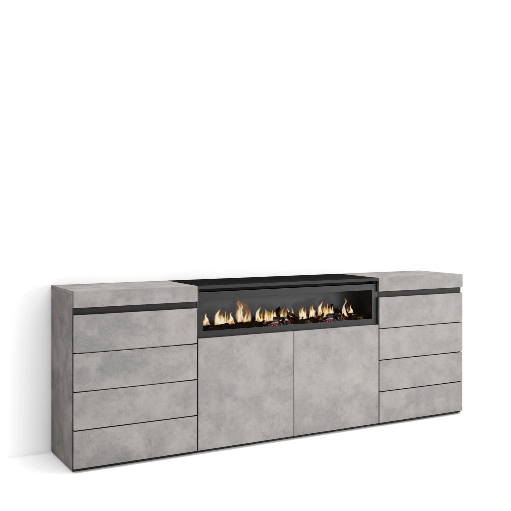 Cassettiera, 214x35x75cm, Camera da letto, Camino elettrico, grigio cemento RF3429