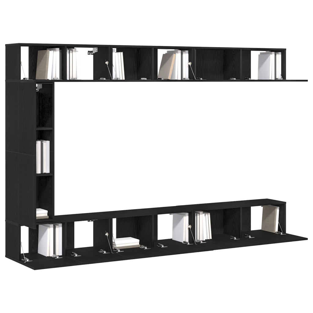 Set di mobili TV da 7 pezzi a muro in legno ingegnerizzato rovere nero