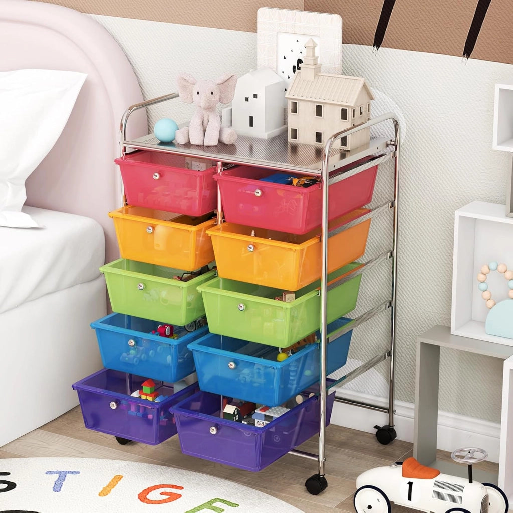 Carrello a 10 Cassetti con Ruote, di Stoccaggio con Stabilità Elevata, Multiuso per Casa Ufficio e Scuola, 65,5 x 37 x 87 cm(Arcobaleno)