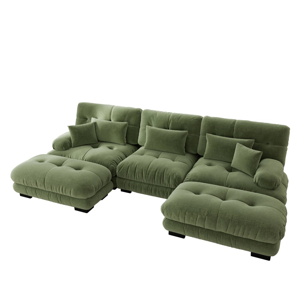 Divano Modulare Angolare a U in Chenille Verde con Pouf, Trasformabile e Confortevole