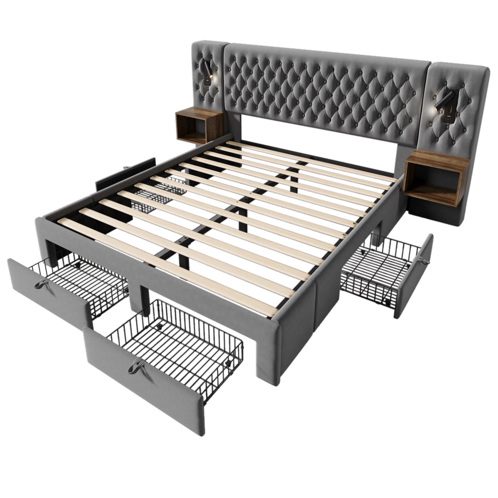 Letto matrimoniale 160x200 cm in velluto grigio con 2 comodini, 4 cassetti, luci lettura e USB/Type-C