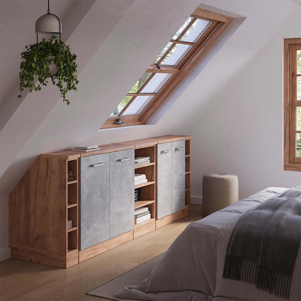 Set di mobili sottotetto Rion Calcestruzzo/Rovere dorato 210 cm Set di 5 carcasse armadio profondità 60 cm Vicco