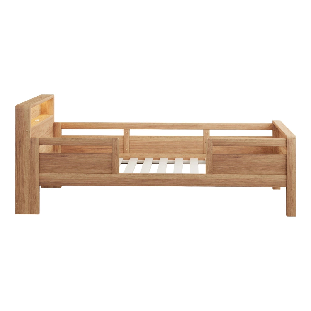 Letto per bambini 90 × 200 cm con LED, USB e Type-C, testiera con ripiano, sponde di sicurezza, senza materasso