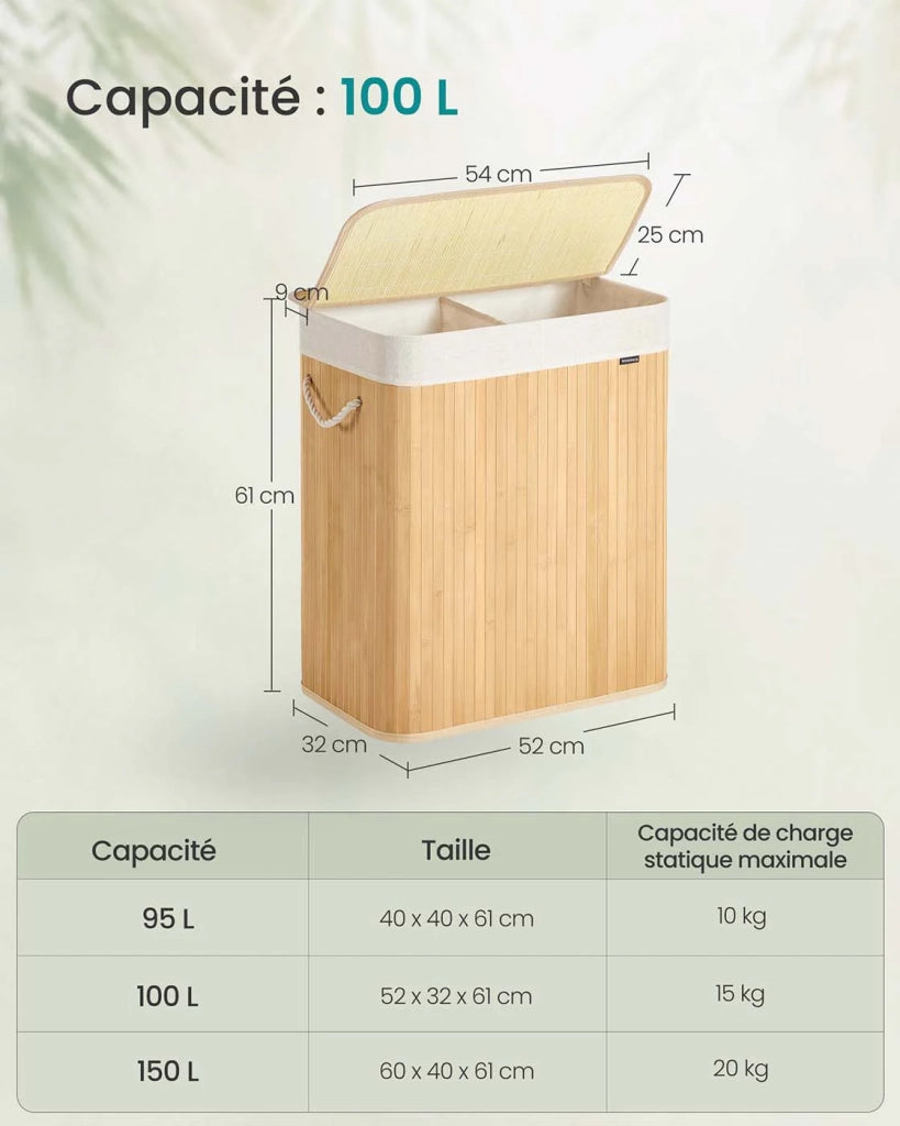 Cesto portabiancheria in bambù 100 litri pieghevole 2 scomparti con sacco estraibile e lavabile beige 12_0006710