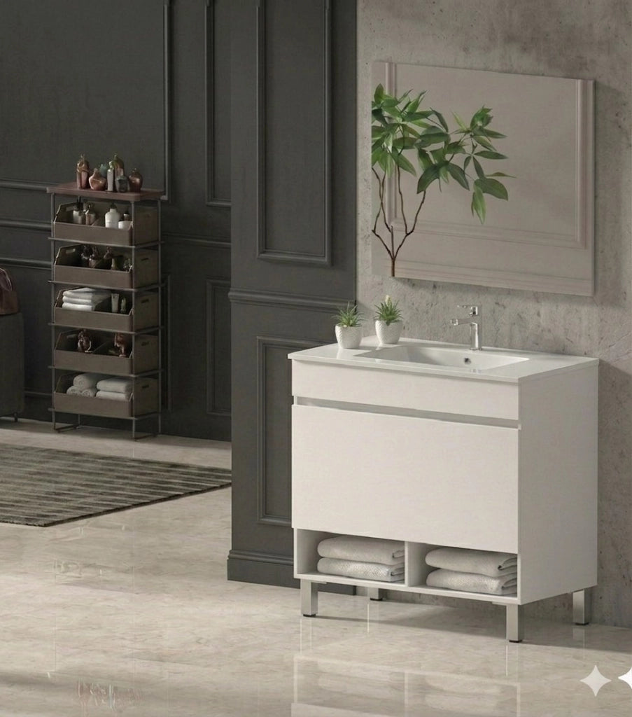 Mobile Bagno NEBARI com gambe Già Montato 1 cassetto, lavabo e specchio Bianco lucido 60x45 cm