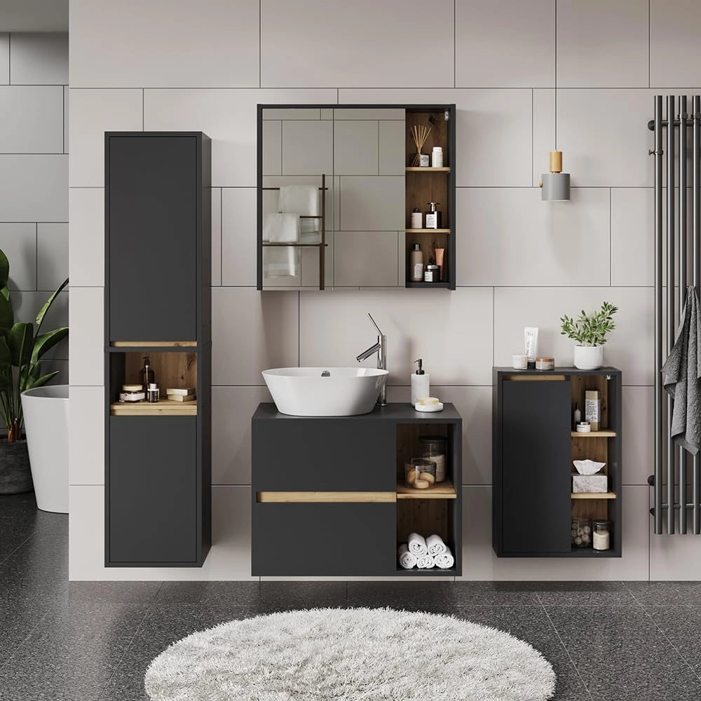Mobile a specchio per il bagno Viola, Grigio/Artisan, 80 x 75 cm con ripiani aperti