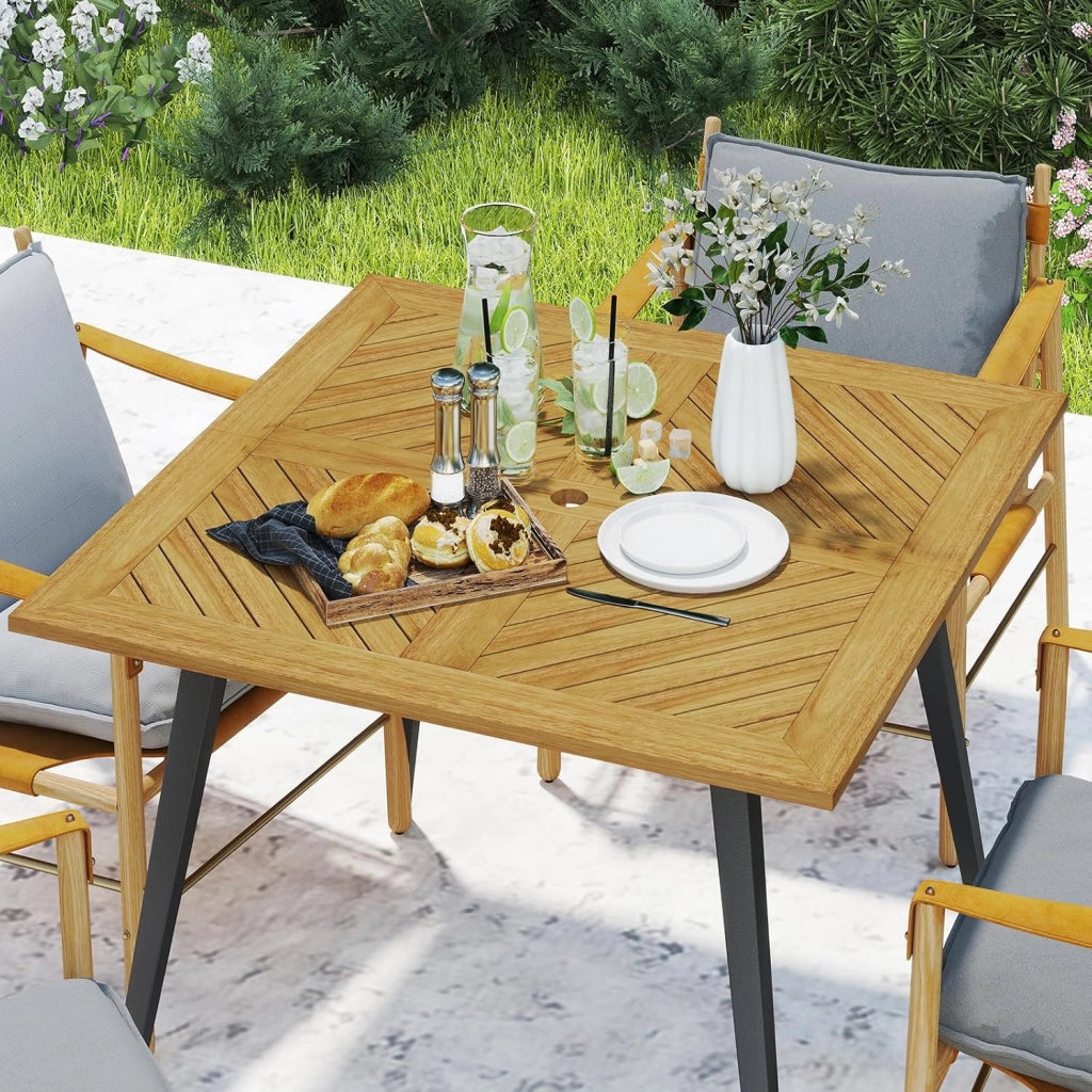 Tavolo da pranzo quadrato per giardino, tavolo in legno di acacia con foro dell'ombrellone da 5 cm e gambe in metallo, 107 x 107 x 75 cm, per balcone, terrazza