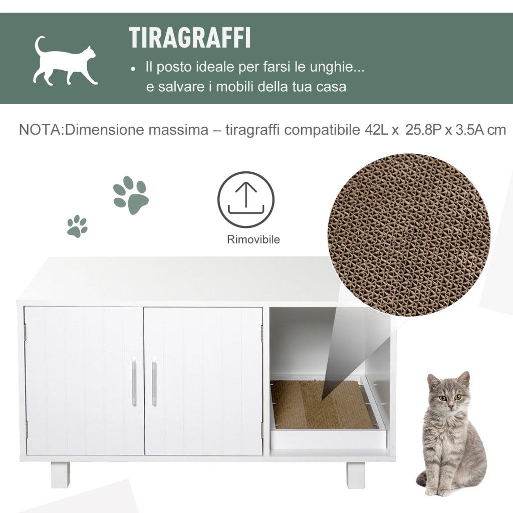 EasyComfort Mobile per Lettiera Gatti in Legno con 2 Ante e Apertura Laterale con Tiragraffi, Bianco