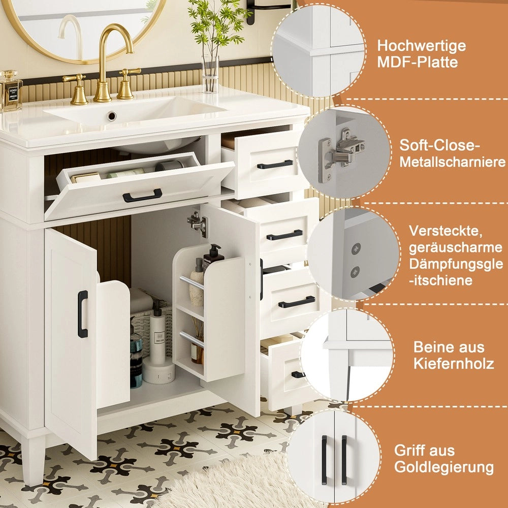 Mobile Bagno con Lavabo in Ceramica e Cassetti ¨C Xylo ¨C Bianco, Gambe in Massello, 90x46x87