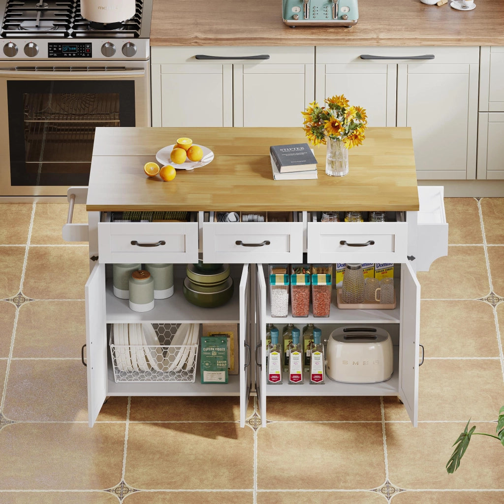 Isola da Cucina Mobile 140x43/70x90;5 cm Bianca con Piano Ribaltabile; 4 Ante; 3 Cassetti e 5 Ruote