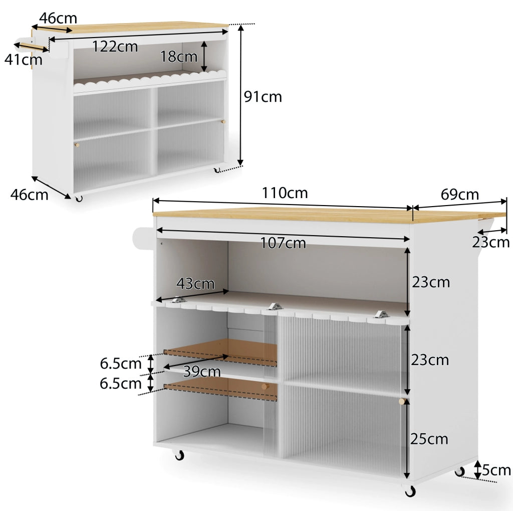 Carrello isola cucina pieghevole 122x46(69)x91 cm in MDF bianco e naturale