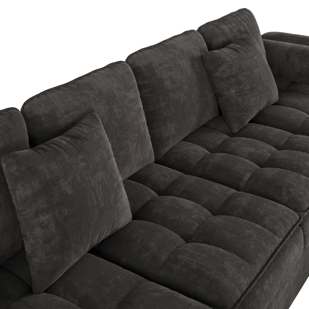 Divano panoramico a u modulare per 4-5 posti con doppia chaise longue cuscini e struttura stabile in ciniglia grigia