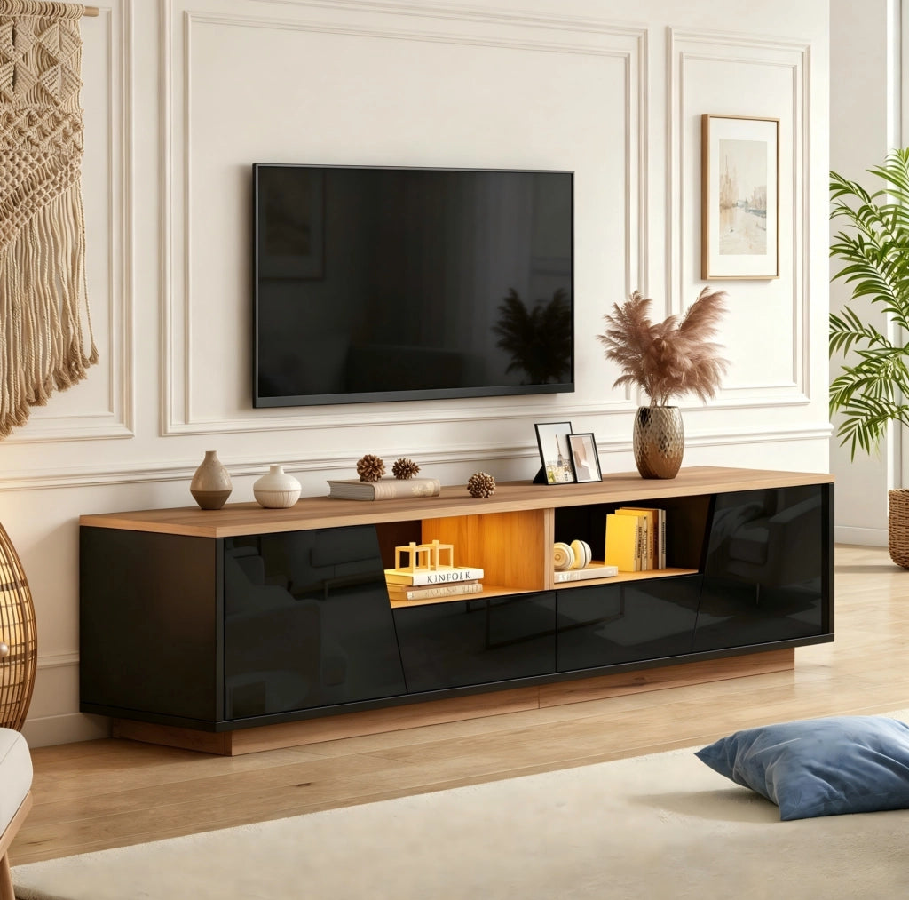 Mobile TV 180x40x46 cm con LED; 2 cassetti e 2 armadietti in truciolare nero e naturale