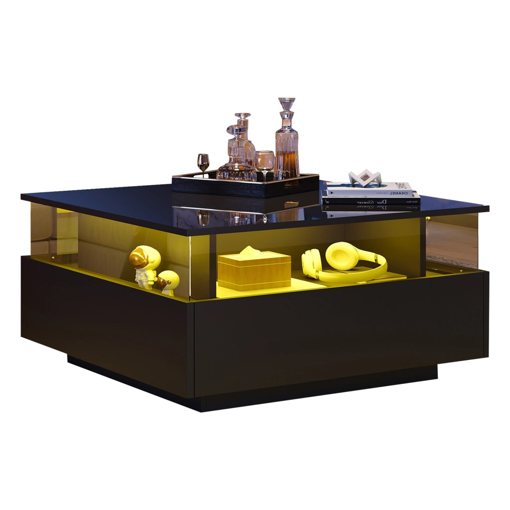Tavolino da caff¨¨ moderno nero lucido con illuminazione LED, 2 cassetti e area espositiva trasparente, 70¡Á70¡Á41 cm, portata 30 kg