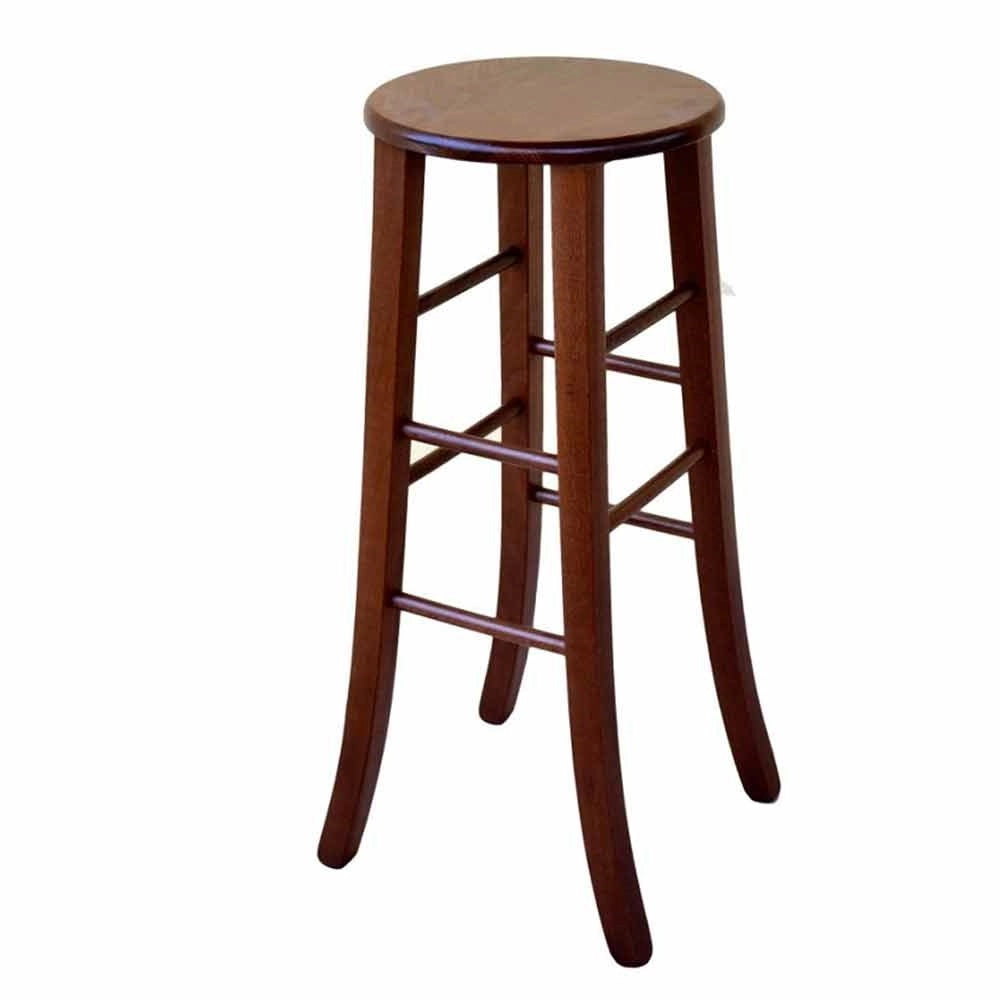 Sgabello in legno massello noce scuro h 80 con seduta tonda e gambe a sciabola