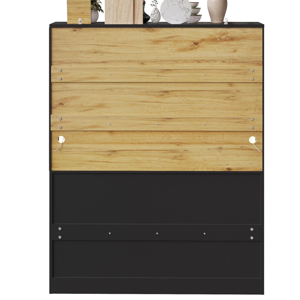 Credenza alta da cucina 140x40x175 cm con LED; 3 cassetti e ripiani regolabili; nera