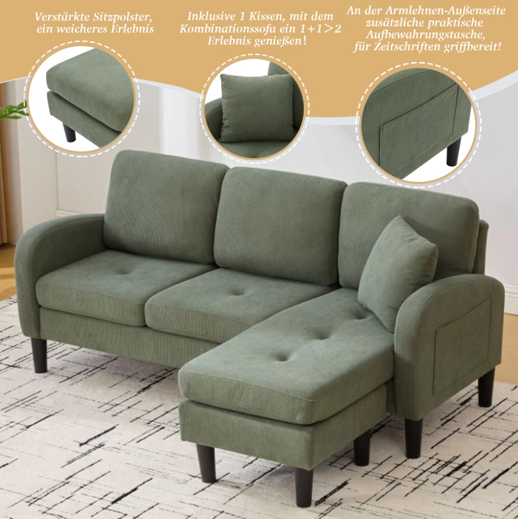 Divano angolare modulare con chaise longue 166 x 118 x 77 cm in tessuto cord verde