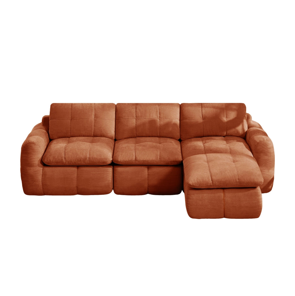 Divano modulare angolare 3 posti con pouf 264x160x68 cm in chenille arancione
