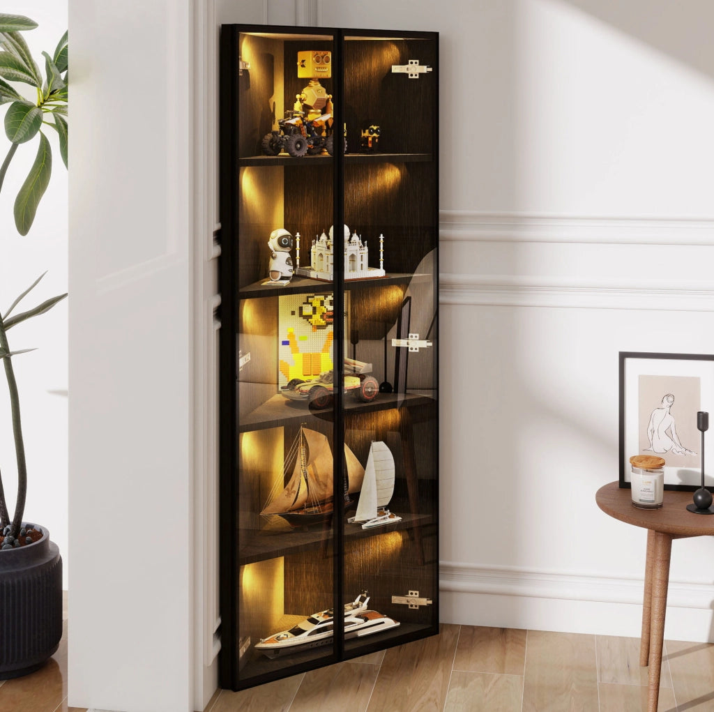 Vetrina angolare LED 62 x 35 x 160 cm in MDF e vetro nero