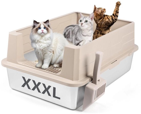 Gabbione per Gatti Extra Grande in Acciaio Inossidabile, XXXL 70 x 50 x 30 cm Gabbione per Gatti con Altezza di Parete Elevata e Spazzola, Imprigiona Liquidi, Facile da Pulire, per Gatti Grandi e Multipeti (Khaki)