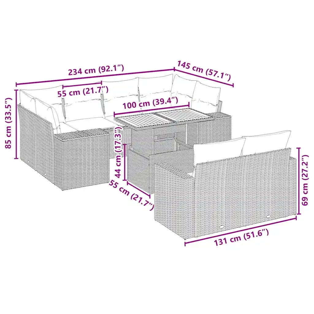 Set Divani da Giardino 11 pz con Cuscini Beige in Polyrattan