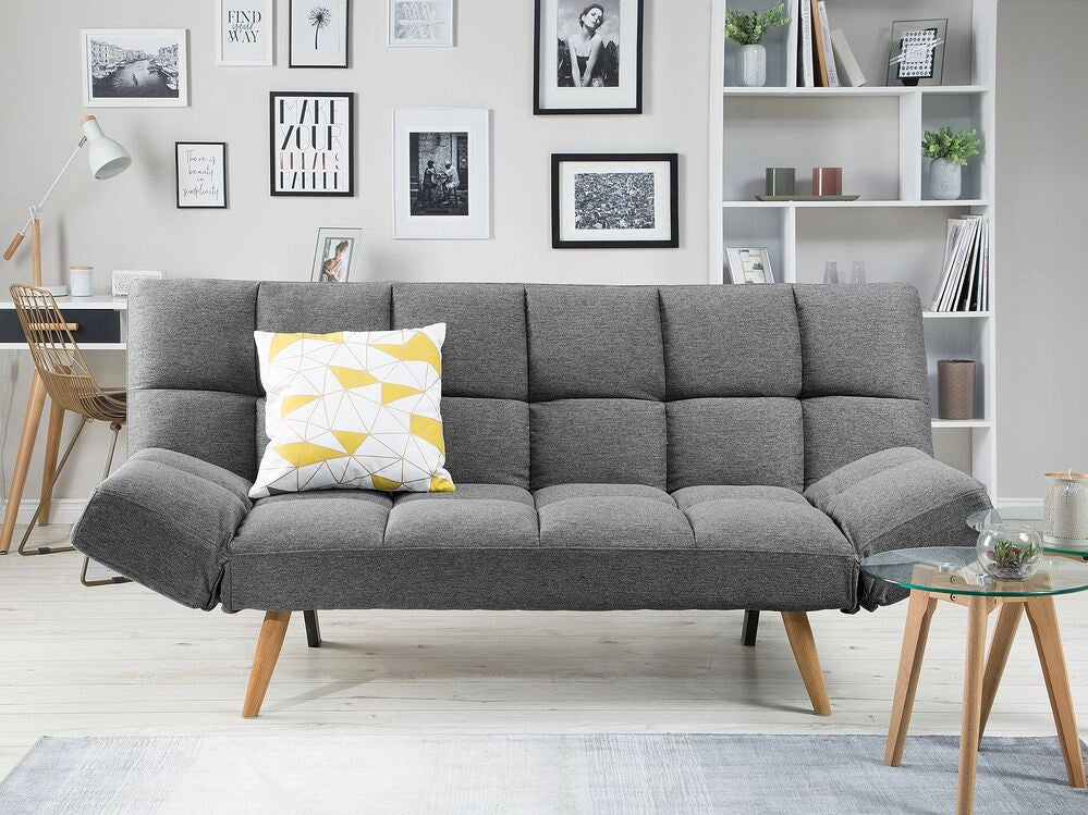 Divano Letto In Tessuto Beige Imbottito A 3 Posti Con Schienale Reclinabile Quadrato Trapuntato