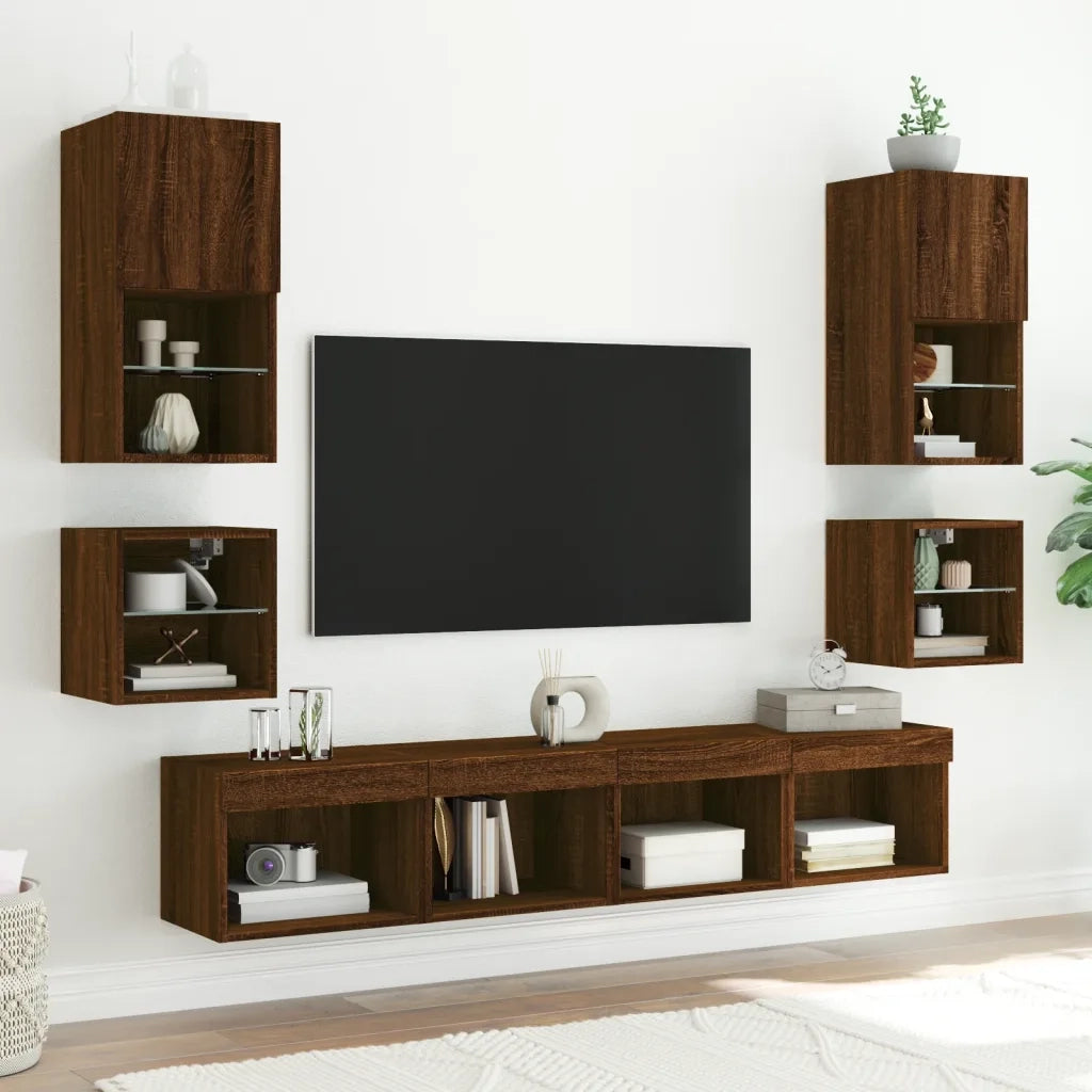 Comodini con Luci LED a Parete 2pz Rovere Marrone 837126
