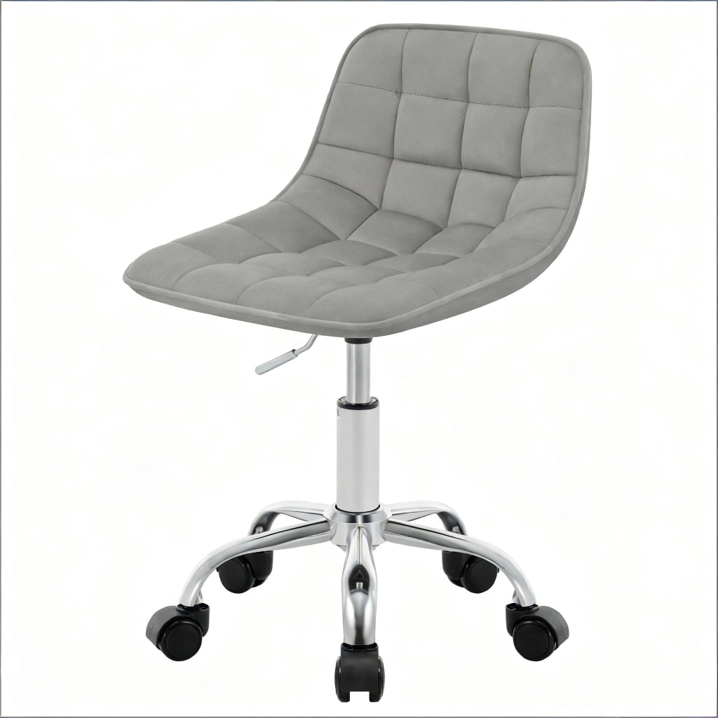 Sgabello girevole regolabile in velluto grigio chiaro con ruote, schienale ergonomico e base a 5 razze