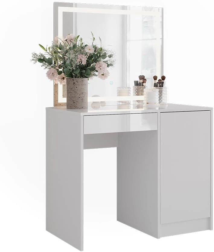 Tavolo da toeletta Sherry, Bianco/bianco lucido, 89.8 cm con specchio LED