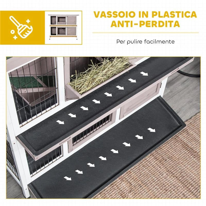 CONIGLIERA IN LEGNO A 2 LIVELLI CON TETTO APRIBILE, MANGIATOIA E VASSOI ESTRAIBILI, 122X50X101 CM, MARRONE