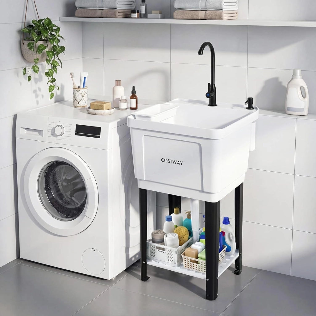 Lavandino da Esterno, Lavello Indipendente con Rubinetto Girevole a 360°, Distributore di Sapone, Vassoio di Raccolta e Ripiano Inferiore, Lavello per Giardino, Garage e Lavanderia