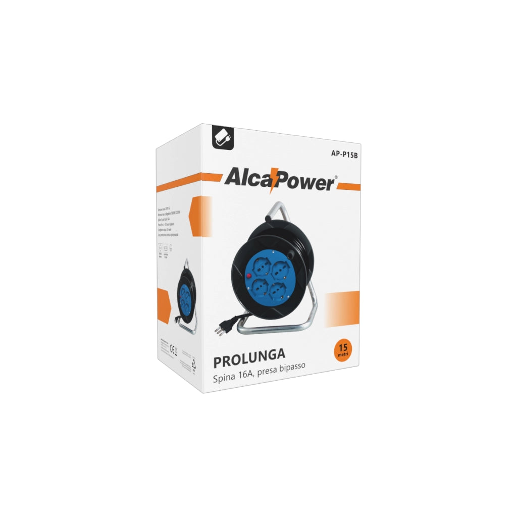 Alcapower Prolunga Elettrica con Avvolgicavo 15 metri, 4 Prese Schuko Bipasso, Spina Italiana 16A, Tensione Max 250V AC, Potenza fino a 2200W