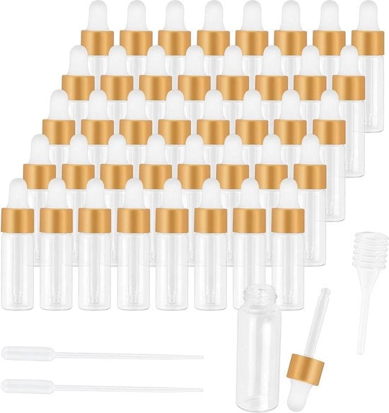40 mini-colle di pipetta, 5 ml, flacone a gocce, flacone in vetro trasparente con pipetta a gocce e lente, pipetta in vetro, flaconcino per oli essenziali, aromaterapia, olio per cura unghie (oro)