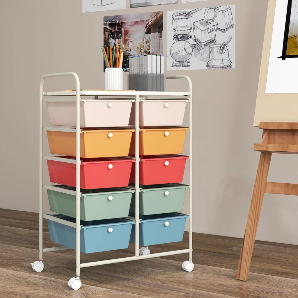 Carrello a 10 Cassetti con Ruote, di Stoccaggio con Stabilità Elevata, Multiuso per Casa Ufficio e Scuola, 65,5 x 37 x 87 cm (Bianco)