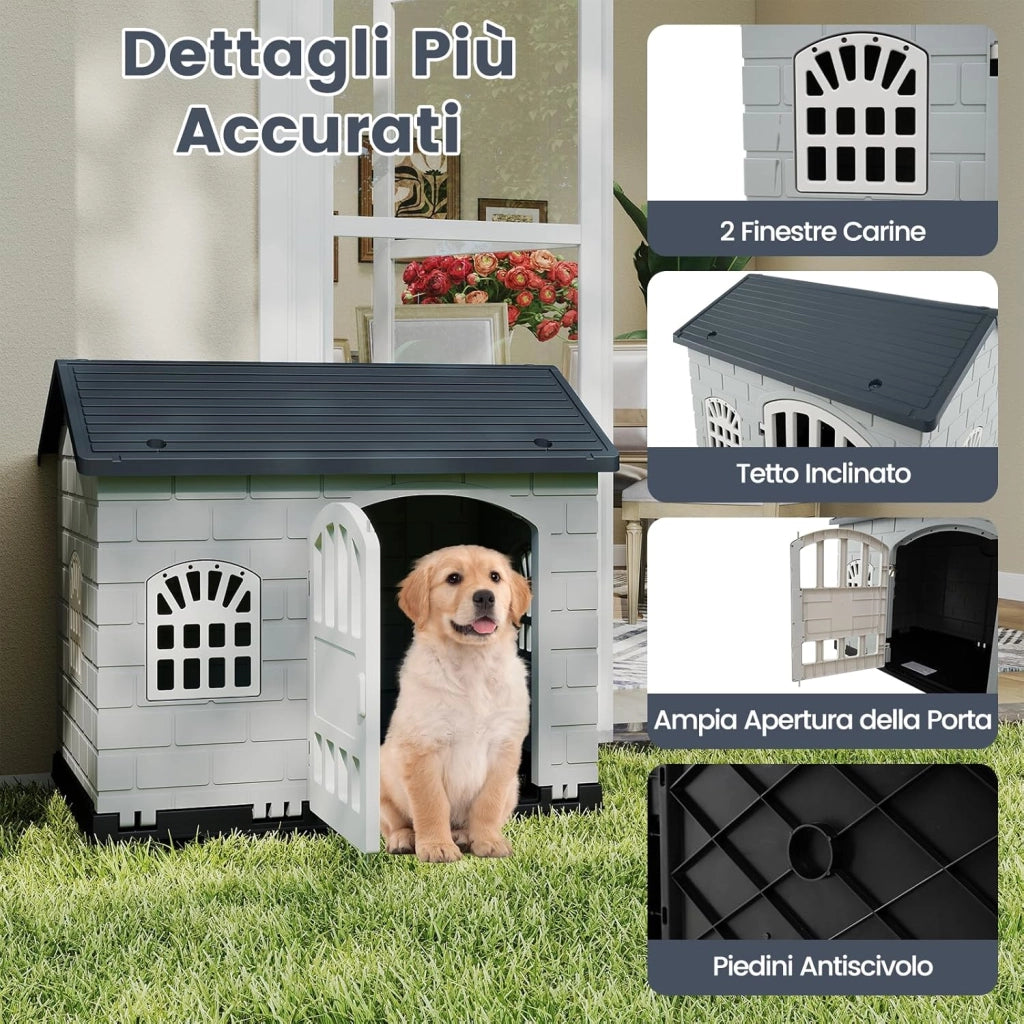 Cuccia per Cani da Esterno ed Interno, Cassetta per Cani con Porta Bloccabile, 3 Finestre e Tetto Inclinato, Cucce per Cagnolino in Plastica Impermeabile (Grigio)