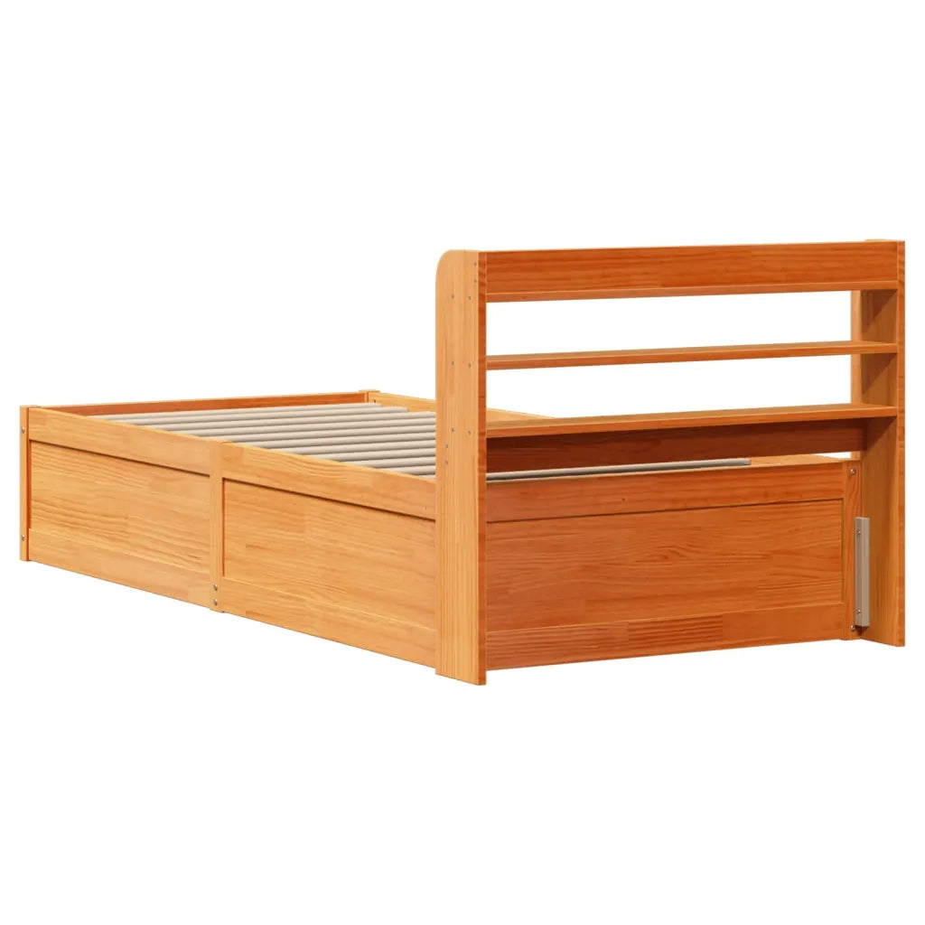 Giroletto con Testiera-Struttura Letto con testiera Marrone Cera 100x200 cm Massello Pino 367464