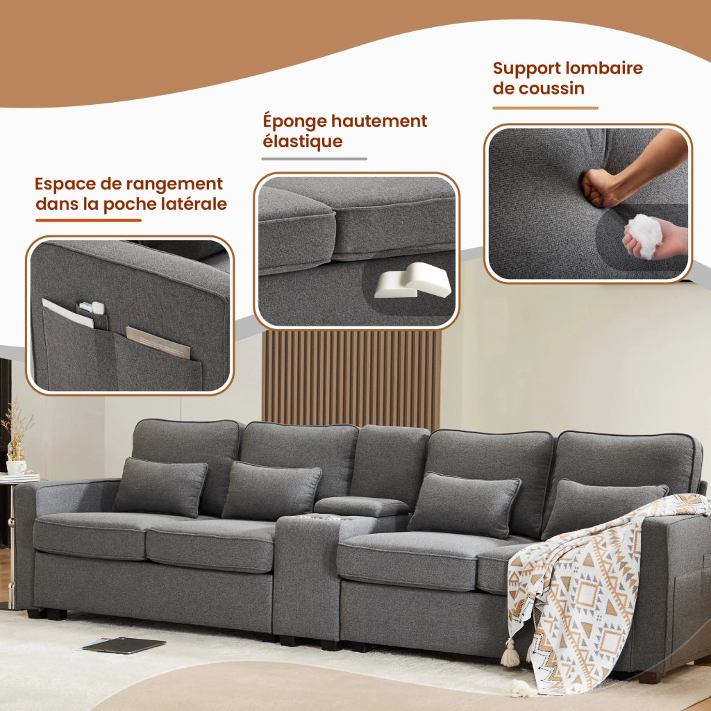 OKWISH Divano Lineare da 4 a 5 Posti, con Consolle, 2 Portabicchieri, 2 Porte USB e Tasche Braccioli, Lino Grigio Scuro
