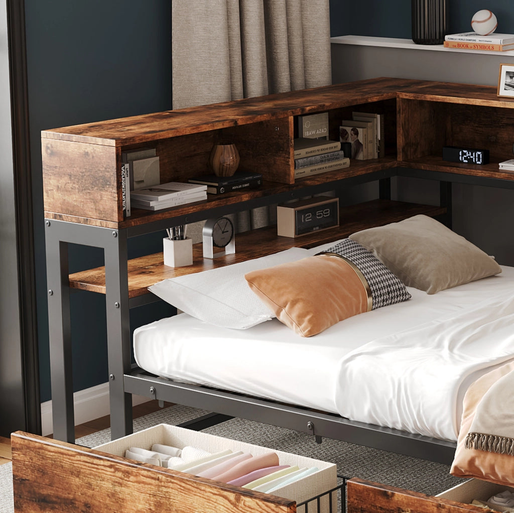 LETTO Singolo 120x200 cm Metallo e Legno Nero/Naturale con 2 Cassetti