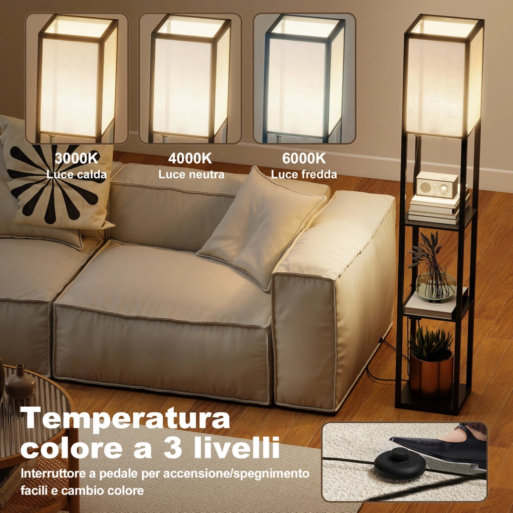 Lampada da Terra 26x26x160 cm Struttura con Ripiani Luce Regolabile Interruttore a Pedale e Porte USB in MDF Nero
