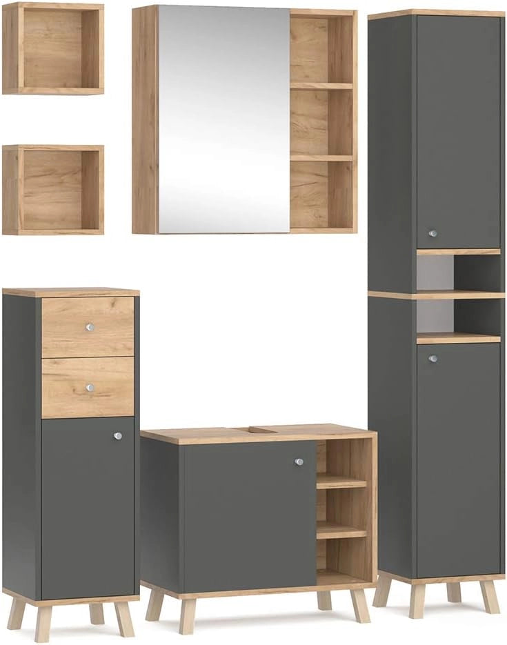 Set mobili bagno Senyo, Bianco, 62 cm, composto da armadietto a specchio, base lavabo, armadio medio e 2 scaffali bagno
