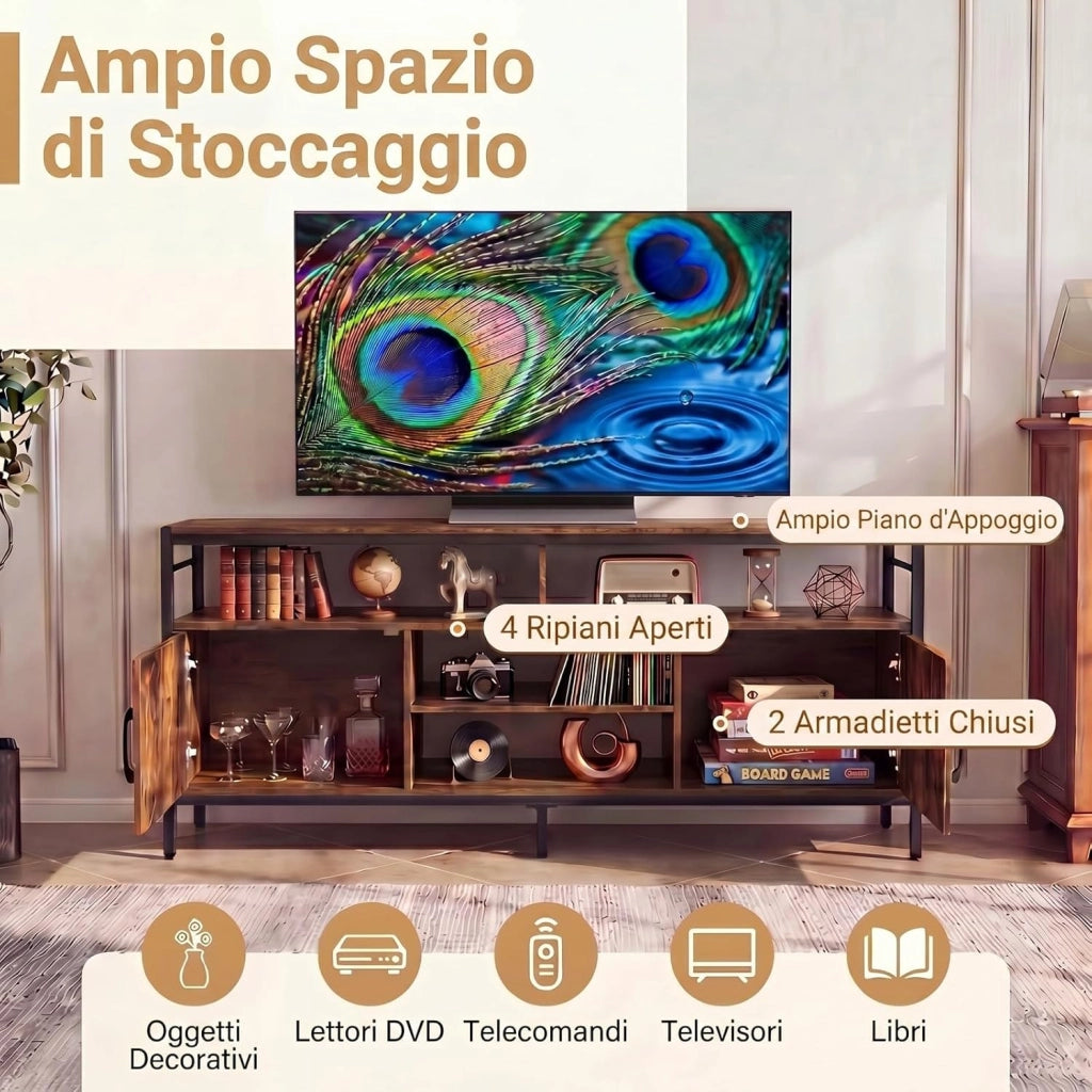 Mobile TV per Soggiorno, Mobile TV con 4 Ripiani Aperti e 2 Armadietti Chiusi, per Televisori fino a 65 Pollici, Stile Industriale con Struttura in Metallo per Camera da Letto (Marrone)