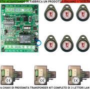 Chiave TAG di Prossimità 3 Lettori su Modulo LAN Universale 501/503 RJ45 Sei Chiavi TAG Trasponder Alimentazione 12/24 Vac Relè Scambio 2A 24 V Funzione Impulsiva o Stabile Segnale di Stato 4 Led GRVB