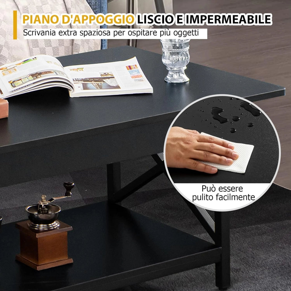 Tavolino da Salotto 2 Livelli, Tavolino da Caffè Industriale con Struttura in Metallo a Forma di X, Tavolino Rettangolare per Soggiorno, Studio e Ufficio, 60 x 110 x 48 cm (Nero)